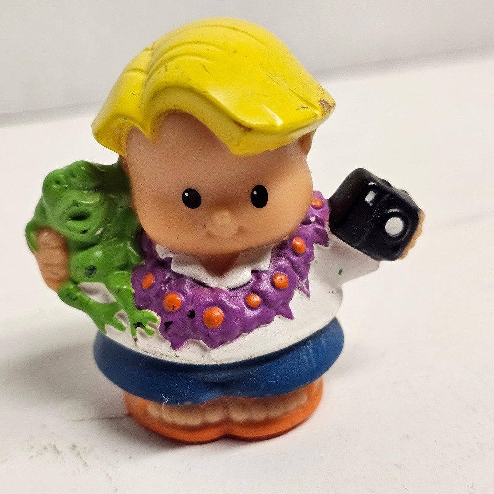 Vintage Fisher Price Little People Boy with Frog Camera and Purple Lei Blonde